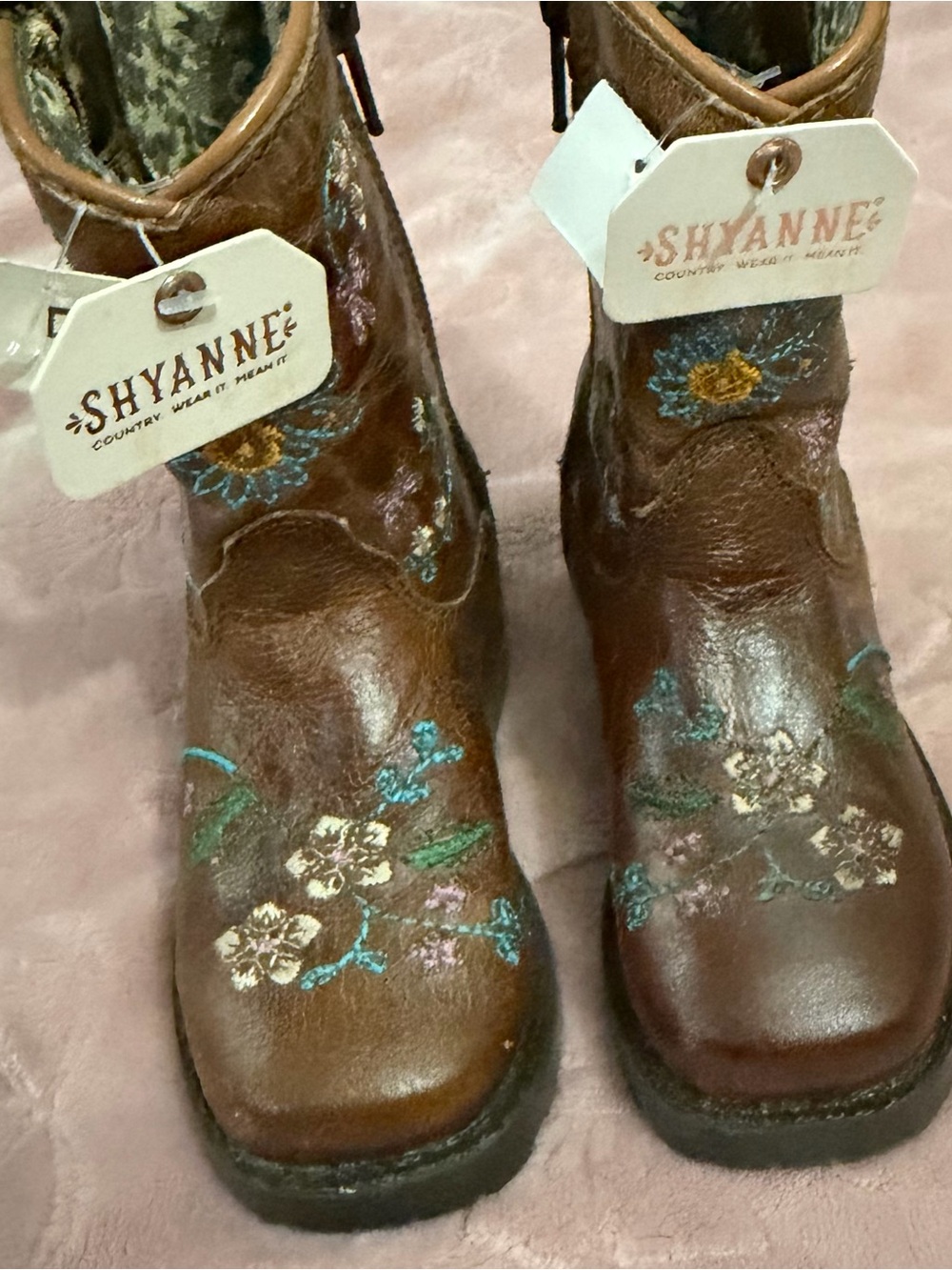 Shyanne Brown Leather Kids Floral Western Boots with Turquoise Accents